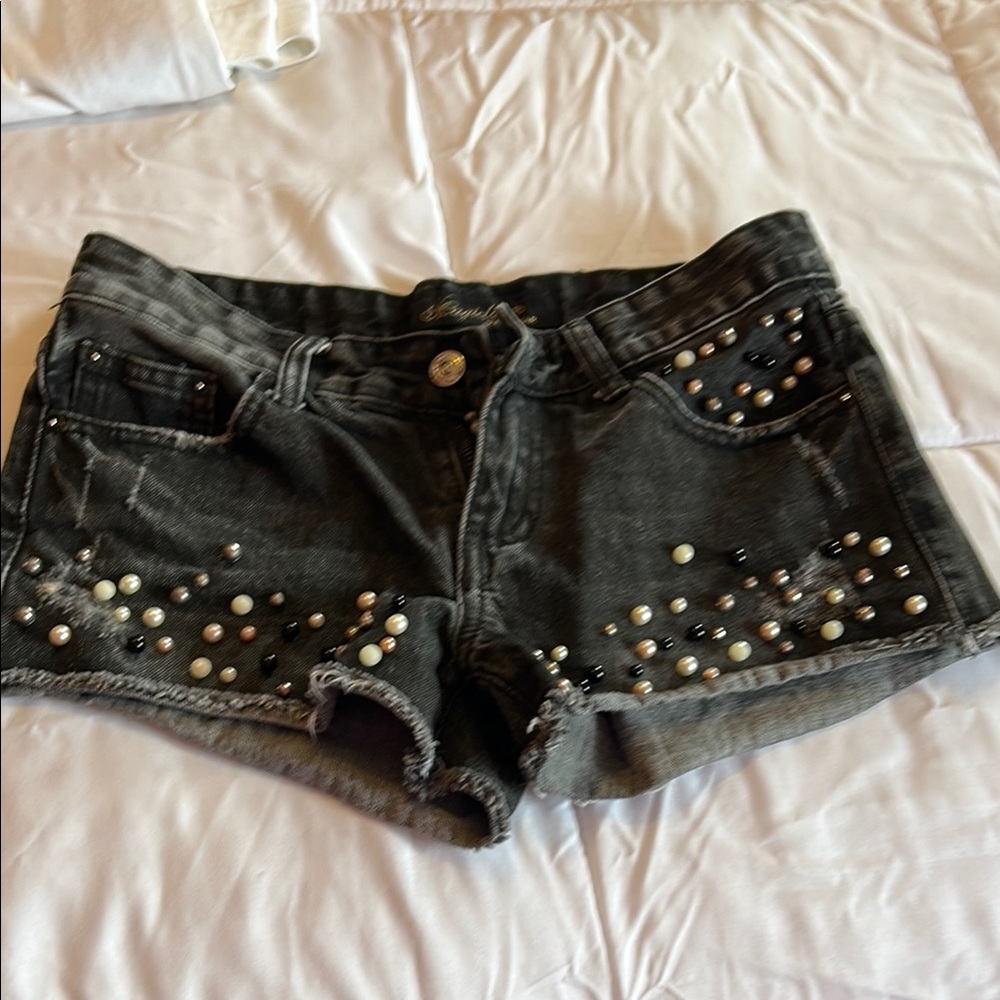 Black Jean Shorts with Distressed Detailing and Stud Embellishments